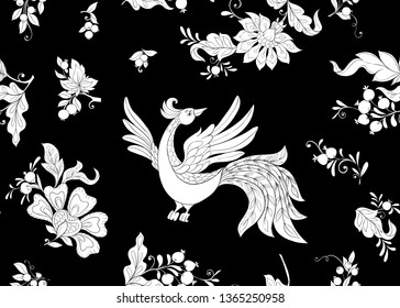 Fantasy floral seamless pattern with bird in jacobean embroidery style, vintage, old, retro style.  Black-and-white graphics. Vector illustration.