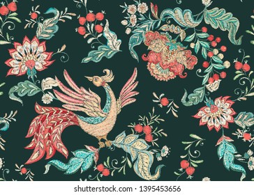 Fantasy floral seamless pattern with bird in jacobean embroidery imitation, vintage, old, retro style.  Vector illustration in soft coral and turquoise colors.