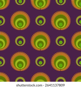 Fantasy floral seamless pattern in bright boho colors. Purple, green, orange round floral elements. Geometry ethnic ornament for wallpaper, textile, etc