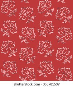 Fantasy floral seamless pattern with ethnic style hand drawn leaf elements, white on deep red background, vector illustration