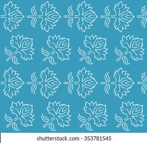 Fantasy floral seamless pattern with ethnic style hand drawn leaf elements, white on blue background, vector illustration