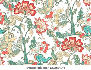 Fantasy floral seamless pattern in jacobean embroidery style, vintage, old, retro style.  Vector illustration in soft coral and turquoise colors Isolated on white background.