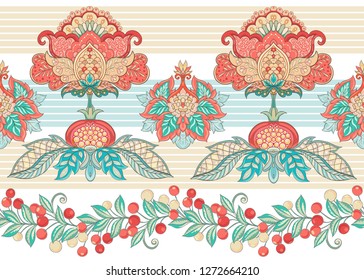 Fantasy floral seamless pattern in jacobean embroidery style, vintage, old, retro style.  Vector illustration in soft coral and turquoise colors Isolated on white background.