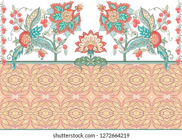 Fantasy floral seamless pattern in jacobean embroidery style, vintage, old, retro style.  Vector illustration in soft coral and turquoise colors Isolated on white background.