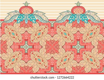 Fantasy floral seamless pattern in jacobean embroidery style, vintage, old, retro style.  Vector illustration in soft coral and turquoise colors Isolated on white background.
