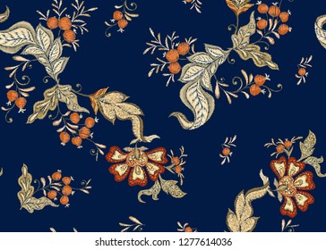 Fantasy floral seamless pattern in jacobean embroidery imitation, vintage, old, retro style.  Vector illustration in soft orange and green colors.