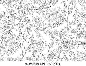 Fantasy floral seamless pattern in jacobean embroidery style, vintage, old, retro style.  Outline hand drawing vector illustration.