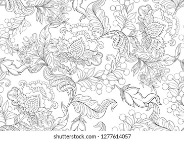 Fantasy floral seamless pattern in jacobean embroidery style, vintage, old, retro style.  Outline hand drawing vector illustration.