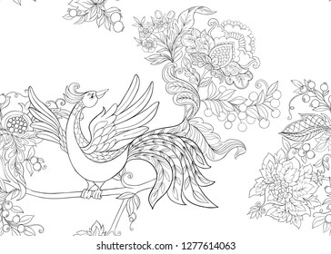 Fantasy floral seamless pattern in jacobean embroidery style with bird, vintage, old, retro style.  Outline hand drawing vector illustration.