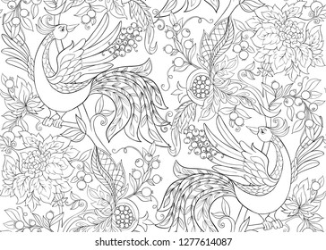 Fantasy floral seamless pattern in jacobean embroidery style with bird, vintage, old, retro style.  Outline hand drawing vector illustration.