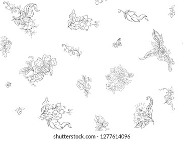 Fantasy floral seamless pattern in jacobean embroidery style, vintage, old, retro style.  Outline hand drawing vector illustration.