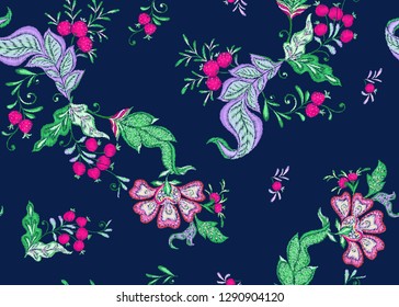 Fantasy floral seamless pattern in jacobean embroidery imitation, vintage, old, retro style.  Vector illustration in bright pink, purple and green colors on navy blue background..