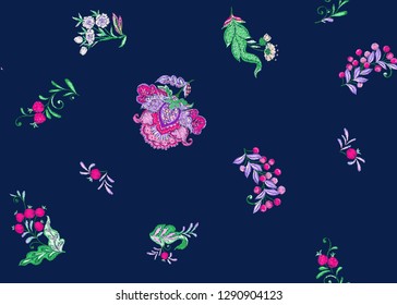 Fantasy floral seamless pattern in jacobean embroidery imitation, vintage, old, retro style.  Vector illustration in bright pink, purple and green colors on navy blue background..