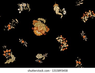 Fantasy floral seamless pattern in jacobean embroidery imitation, vintage, old, retro style.  Vector illustration in soft orange and green colors Isolated on black background.