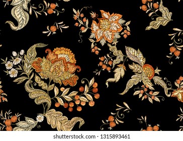 Fantasy floral seamless pattern in jacobean embroidery imitation, vintage, old, retro style.  Vector illustration in soft orange and green colors Isolated on black background.