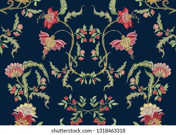 Fantasy floral seamless pattern in jacobean embroidery imitation, vintage, old, retro style.  Vector illustration