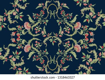 Fantasy floral seamless pattern in jacobean embroidery imitation, vintage, old, retro style.  Vector illustration