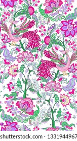 Fantasy floral seamless pattern in jacobean embroidery style, vintage, old, retro style.  Vector illustration in bright pink, purple and green  colors Isolated on white background.