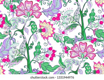 Fantasy floral seamless pattern in jacobean embroidery style, vintage, old, retro style.  Vector illustration in bright pink, purple and green  colors Isolated on white background.