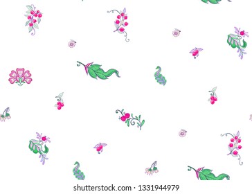Fantasy floral seamless pattern in jacobean embroidery style, vintage, old, retro style.  Vector illustration in bright pink, purple and green  colors Isolated on white background.