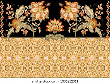Fantasy floral seamless pattern in jacobean embroidery style, vintage, old, retro style.  Vector illustration in soft orange and green colors Isolated on black background.