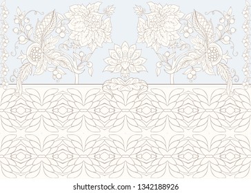 Fantasy floral seamless pattern in jacobean embroidery style, vintage, old, retro style.  Vector illustration in vintage blue and beige colors.