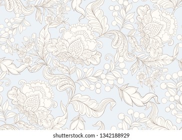 Fantasy floral seamless pattern in jacobean embroidery style, vintage, old, retro style.  Vector illustration in vintage blue and beige colors.