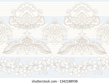 Fantasy floral seamless pattern in jacobean embroidery style, vintage, old, retro style.  Vector illustration in vintage blue and beige colors.