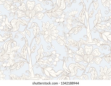 Fantasy floral seamless pattern in jacobean embroidery style, vintage, old, retro style.  Vector illustration in vintage blue and beige colors.