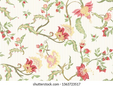 Fantasia floral sem emenda padrão em jacobean bordado imitação, vintage, velho, estilo retro.  Ilustração vetorial