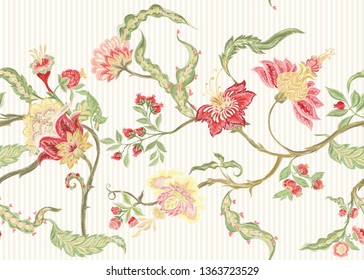 Fantasy floral seamless pattern in jacobean embroidery imitation, vintage, old, retro style.  Vector illustration