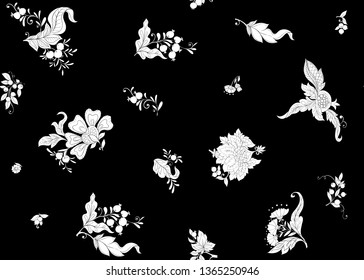 Fantasy floral seamless pattern in jacobean embroidery style, vintage, old, retro style.  Black-and-white graphics. Vector illustration.
