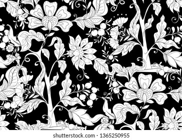 Fantasy floral seamless pattern in jacobean embroidery style, vintage, old, retro style.  Black-and-white graphics. Vector illustration.