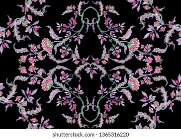 Fantasy floral seamless pattern in jacobean embroidery imitation, vintage, old, retro style.  Vector illustration