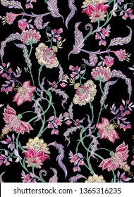 Fantasy floral seamless pattern in jacobean embroidery imitation, vintage, old, retro style.  Vector illustration