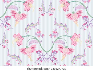 Fantasy floral seamless pattern in jacobean embroidery imitation, vintage, old, retro style.  Vector illustration