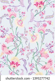 Fantasy floral seamless pattern in jacobean embroidery imitation, vintage, old, retro style.  Vector illustration