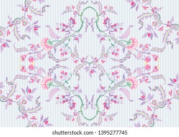 Fantasy floral seamless pattern in jacobean embroidery imitation, vintage, old, retro style.  Vector illustration