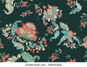 Fantasy floral seamless pattern in jacobean embroidery imitation, vintage, old, retro style.  Vector illustration in soft coral and turquoise colors.