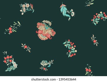 Fantasy floral seamless pattern in jacobean embroidery imitation, vintage, old, retro style.  Vector illustration in soft coral and turquoise colors.