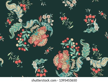Fantasy floral seamless pattern in jacobean embroidery imitation, vintage, old, retro style.  Vector illustration in soft coral and turquoise colors.