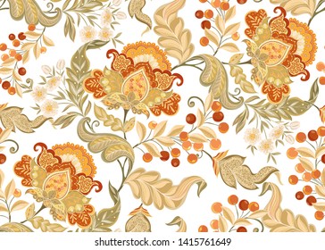 Fantasy floral seamless pattern in jacobean embroidery style, vintage, old, retro style.  Vector illustration in soft orange and green colors Isolated on white background.