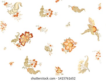 Fantasy floral seamless pattern in jacobean embroidery style, vintage, old, retro style.  Vector illustration in soft orange and green colors Isolated on white background.