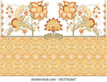 Fantasy floral seamless pattern in jacobean embroidery style, vintage, old, retro style.  Vector illustration in soft orange and green colors Isolated on white background.