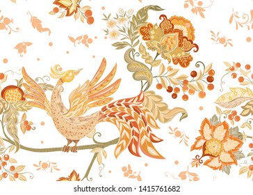 Fantasy floral seamless pattern in jacobean embroidery style with bird, vintage, old, retro style.  Vector illustration in soft orange and green colors Isolated on white background.