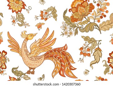 Fantasy floral seamless pattern in jacobean embroidery style with bird, vintage, old, retro style.  Vector illustration in soft orange and green colors Isolated on white background.