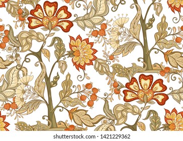 Fantasy floral seamless pattern in jacobean embroidery style, vintage, old, retro style.  Vector illustration in soft orange and green colors Isolated on white background.