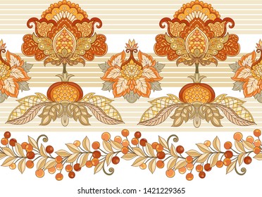 Fantasy floral seamless pattern in jacobean embroidery style, vintage, old, retro style.  Vector illustration in soft orange and green colors Isolated on white background.