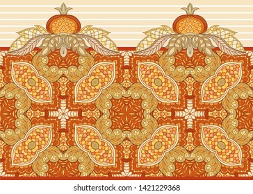 Fantasy floral seamless pattern in jacobean embroidery style, vintage, old, retro style.  Vector illustration in soft orange and green colors Isolated on white background.