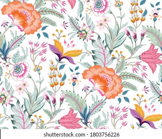 Fantasy floral seamless pattern in Jacobean embroidery style, vintage, old, retro style.